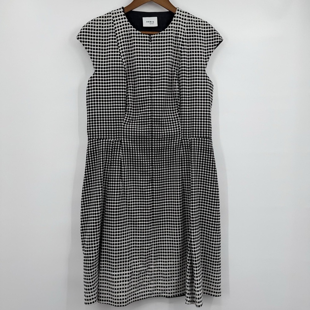 Akris Punto Dress Womens 12 Black Polka Dot Fit & Flare Midi Jacquard Pockets